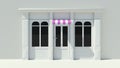 Sunny Shopfront with large windows White store facade with purple pink and white awnings