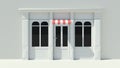 Sunny Shopfront with large windows White store facade with red and white awnings