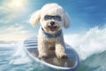 Sunny Shredder: Happy Bichon Frise Surfs the Ocean Waves in Sunglasses - Generative AI