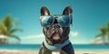 Sunny Side Doggo Funny Boston Terrier Dog with a Cute Smile Posing on the Beach. Generative AI Royalty Free Stock Photo