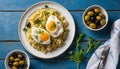 Sunny Side Up Eggs with Cabbage and Olives on Rustic Blue Table Royalty Free Stock Photo