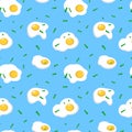 Sunny side up eggs and chives vector seamless pattern.