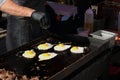 Sunny side up eggs and steak on griddle