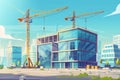 Sunny sky at construction site, crane building modern office with mirrored facade Royalty Free Stock Photo