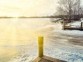 Sunny sky over winter landscape and frozen lake Royalty Free Stock Photo