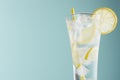 Sunny sparkling tonic water with lemon slices, ice cubes, yellow striped straw in misted glass on pastel green color background.