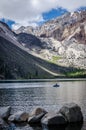 Single boater in a dingy boat on Convict Lake in California