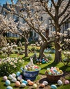 A sunny spring garden, with a blossoming tree under which Easter surprises are hidden