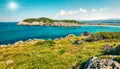 Sunny spring panorama of Voidokilia beach. Bright morning seascape of Ionian Sea, Pilos town location, Greece, Europe. Beauty of