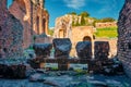 Sunny spring scene of ancient Greco-Roman theater, Taormina town, Sicily, Italy Royalty Free Stock Photo