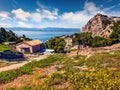 Sunny spring view of Agios Ioannis Church. Splendid morning view of West Court of Heraion of Perachora, Limni Vouliagmenis