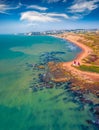 Sunny spring view from flying drone of Giallonardo Beach. Spectacular morning seascape of Mediterranean sea, Sicily