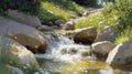 Sunny Stream Cascading Over Rocks Amidst Wildflowers Royalty Free Stock Photo