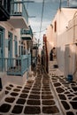 sunny street in the morning of mykonos