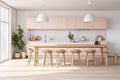 Sunny stylish dining area with large wooden table, high chairs, kitchen worktop with tap and large window. Kitchen in Scandinavian Royalty Free Stock Photo