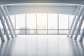 Sunny stylish empty presentation hall with city skyscrapers view from big window, glossy floor and white columns. 3D rendering,