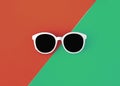 Sunny stylish white sunglasses on a bright green-cyan and red-orange background, top view, isolated. Copy space. Flat lay