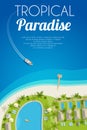 Sunny summer background with tropical hotel and motorboat. Vector illustration, eps10.