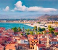 Sunny summer cityscape of Nafplion town. Astonishing outdoor scene of Peloponnese peninsula, Greece, Europe. Royalty Free Stock Photo