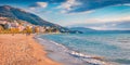 Sunny summer cityscape of Vlore town. Nice morning seascape of Adriatic sea.