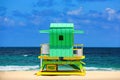 Sunny summer day, with blue sky and Atlantic Ocean. Miami Beach, Florida, USA sunrise and life guard tower. Royalty Free Stock Photo