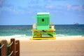 Sunny summer day, with blue sky and Atlantic Ocean. Miami South Beach lifeguard tower and coastline with cloud and blue Royalty Free Stock Photo