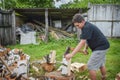 On a sunny summer day, a boy is chopping firewood in the yard Royalty Free Stock Photo