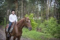 On a sunny summer day in the forest  a boy riding a horse Royalty Free Stock Photo