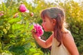 Happy little girl smelling fragrant pink peonies Royalty Free Stock Photo