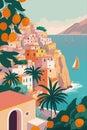 Sunny summer day in Portofino Italy with lemon and orange trees Handmade drawing vector. Travel Poster. Royalty Free Stock Photo