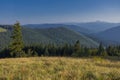 On a sunny summer day, the view from the plateau to the forest and mountains. Blue sky, lots of green grass and trees. Royalty Free Stock Photo