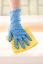 On a Sunny summer day a woman in blue rubber gloves washes the window