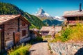 Sunny summer morning in Zermatt village with Matterhorn Monte C Royalty Free Stock Photo