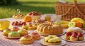 Sunny Summer Picnic with Colorful Pastries and Fresh Fruit Royalty Free Stock Photo