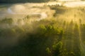 Sunny summer river nature in misty morning at sunrise. Aerial view of bright sun rays through fog and trees on meadow with river. Royalty Free Stock Photo