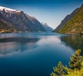 Sunny summer scene of Hardangerfjord fjord, Lofthus village location, Norway, Europe. Royalty Free Stock Photo