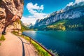 Sunny summer scene of Vorderer Gosausee lake. Picturesque morning view of Austrian Alps, Upper Austria, Europe. Traveling