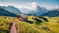 Sunny summer view of Sassolungo Langkofel range in National Park Dolomites, South Tyrol, Italy, Europe. Attractive morning scene Royalty Free Stock Photo