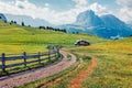 Sunny summer view of Sassolungo Langkofel range in National Park Dolomites, South Tyrol, Italy, Europe. Colorful morning scene Royalty Free Stock Photo