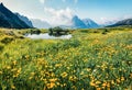 Sunny summer view of Sassolungo Langkofel range in National Park Dolomites, South Tyrol, Italy, Europe. Splendid morning scene Royalty Free Stock Photo