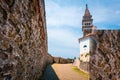 Sunny summer view of St. George`s Parish Church in Piran town. Splendid spring morning on Adriatic Sea. Beautiful cityscape of Sl