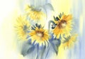 Sunny sunflowers on the yellow and blue background watercolor