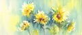 Sunny sunflowers on the yellow and green background watercolor