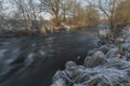 Sunny sunrise morning in frosty cold place near Malse river in south Bohemia Royalty Free Stock Photo