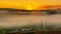 Sunny sunrise over the Ural mountains over the village of Inzer Royalty Free Stock Photo