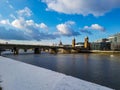 Sunny sunshine winter day snow in London city before towers bridge crane buildings skyscraper shine blue sky thames uk