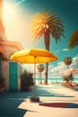 Sunny town with palm trees and people at beach, created using generative ai technology