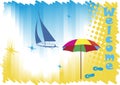 Sunny tropic bay with yacht.Welcome banner