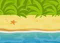 Sunny tropical beach, bright tropic jungle landscape, sea flat vector illustration, sand and water relax graphics, ocean backgroun