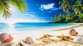 Sunny tropical beach with a turquoise ocean with sea shell. Ai generated. Royalty Free Stock Photo